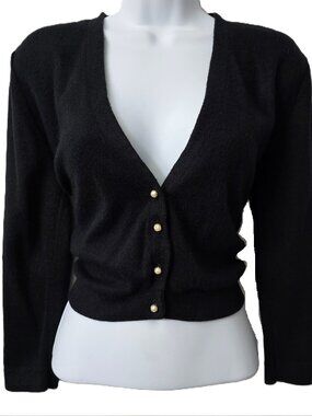Share Pinup Crop Cardigan Sweater M L Pearlized Buttons Black Acrylic Vintage 60